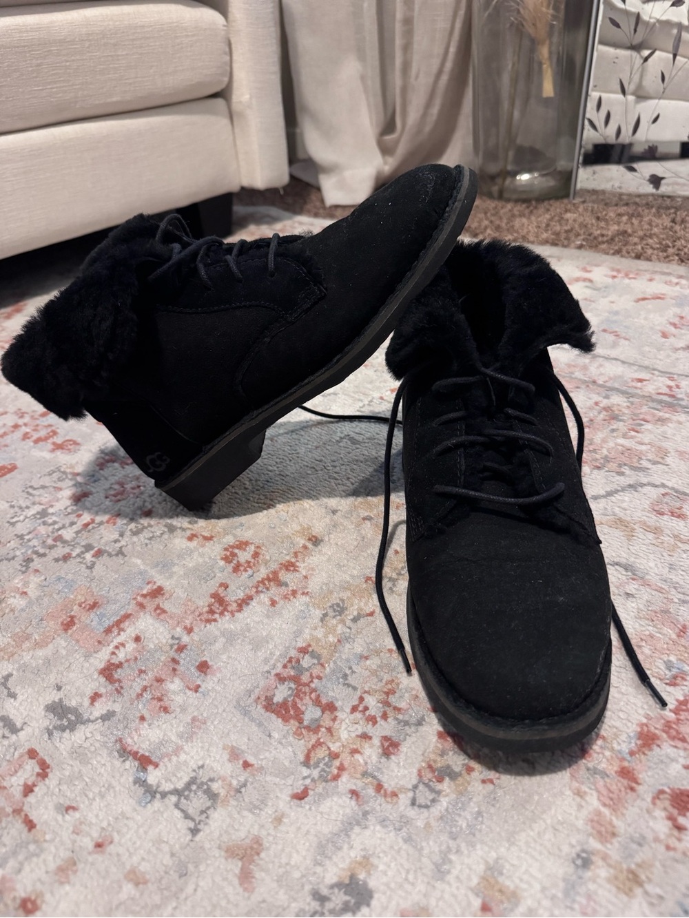 UGG Black Lace-Up Faux Fur Ankle Boots